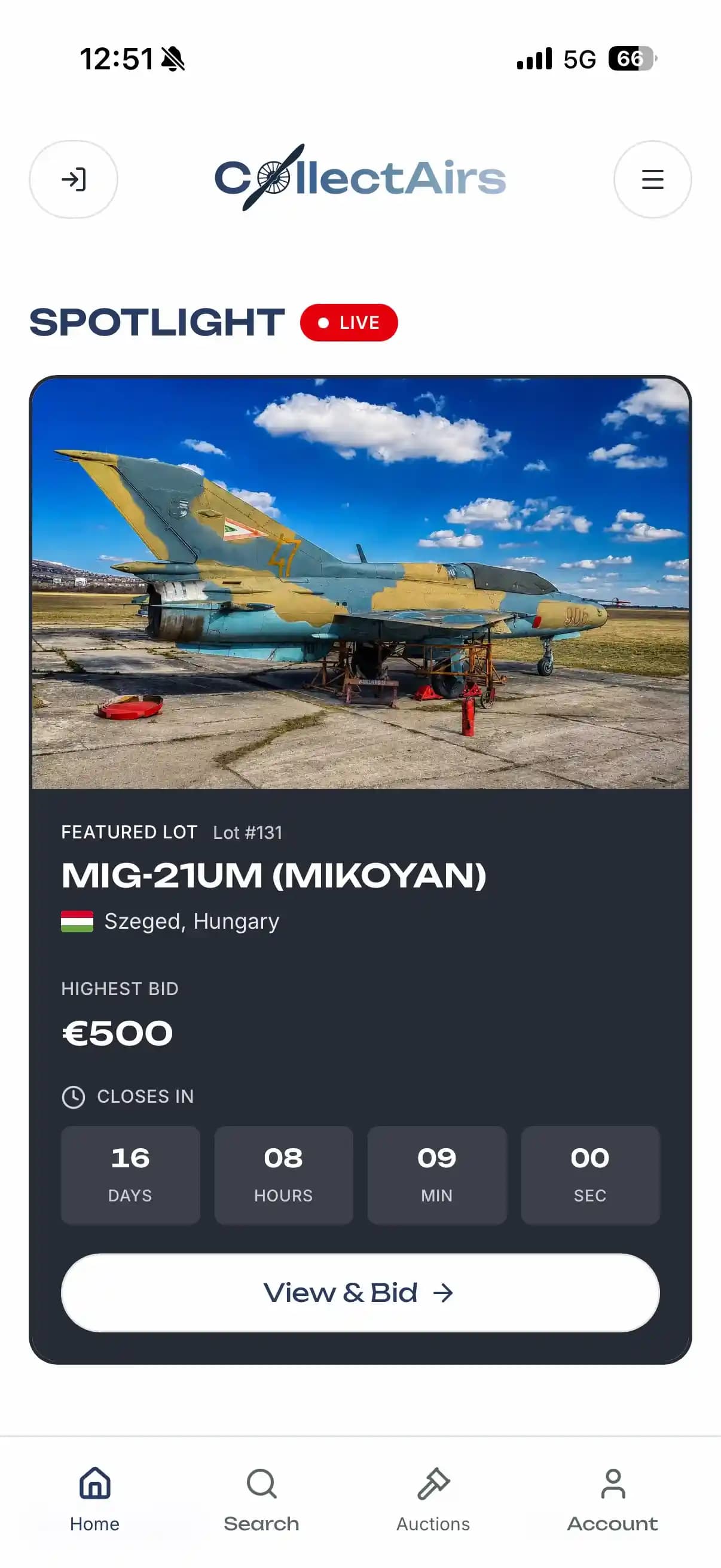 CollectAirs mobile app showing live aviation auctions