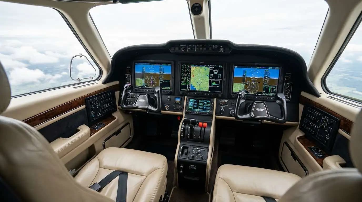 Beechcraft King Air cockpit showing glass avionics panel with Garmin integrated displays and turboprop controls