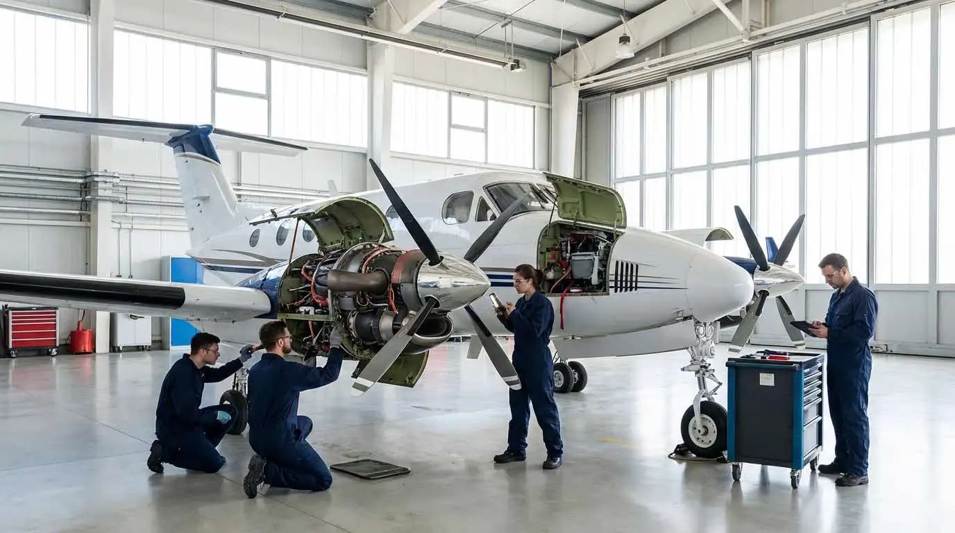 Beechcraft King Air undergoing maintenance inspection with engine cowling open at authorized service center