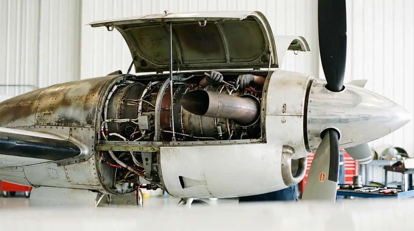 Beechcraft King Air PT6 engine nacelle with cowl open showing turboprop engine detail during inspection
