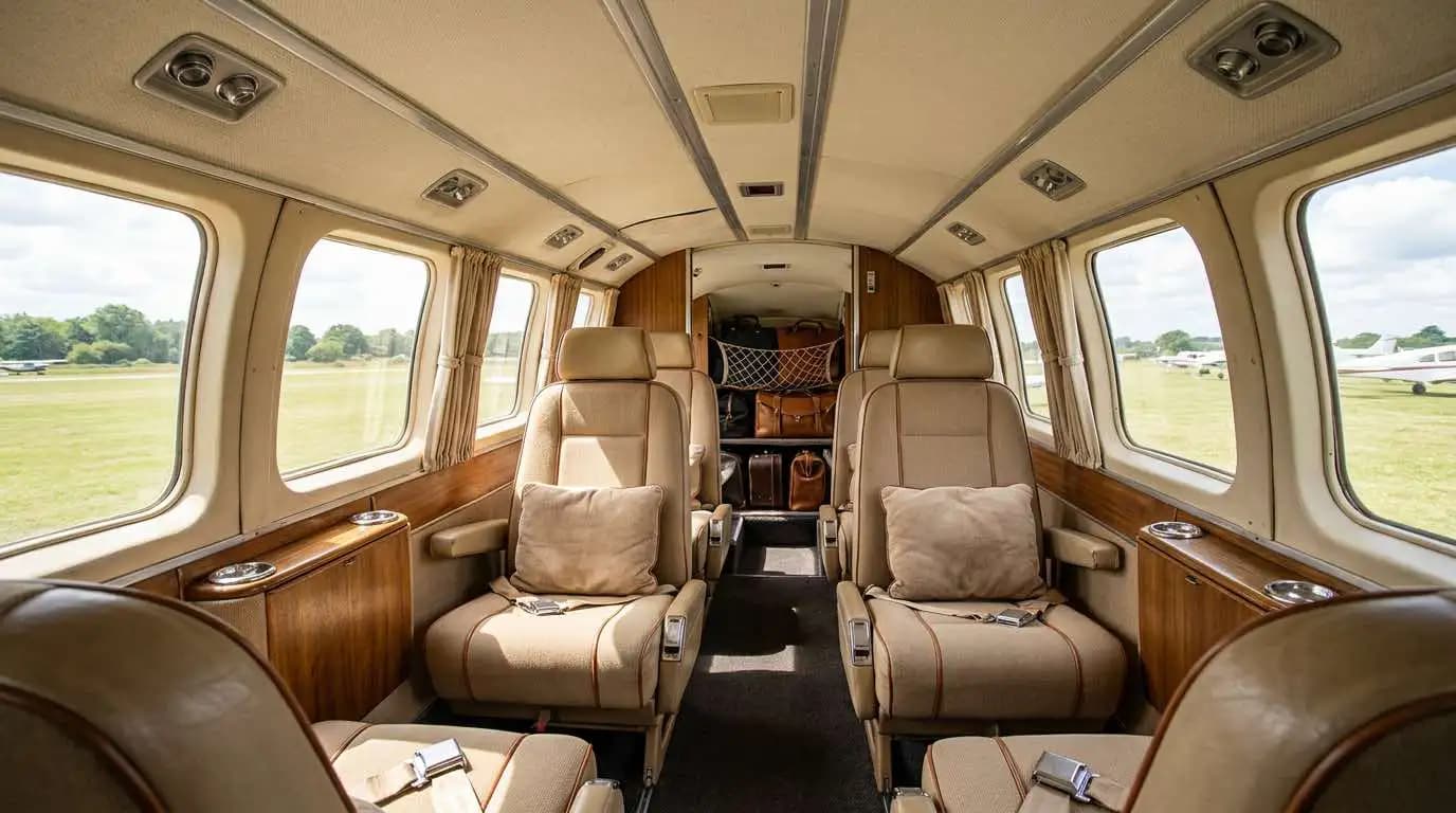 Beechcraft Twin Bonanza cabin interior showing spacious passenger seating and baggage area
