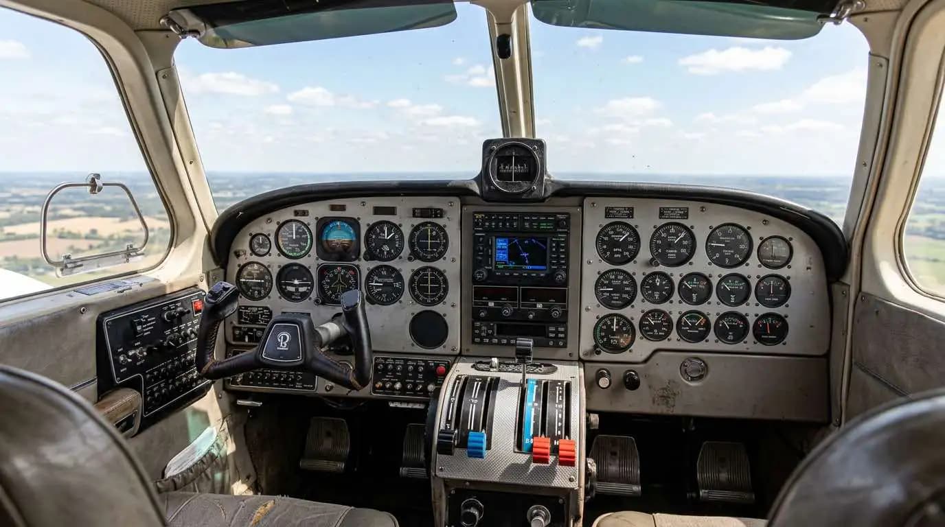 Beechcraft Twin Bonanza cockpit instrument panel showing twin-engine gauges and flight controls