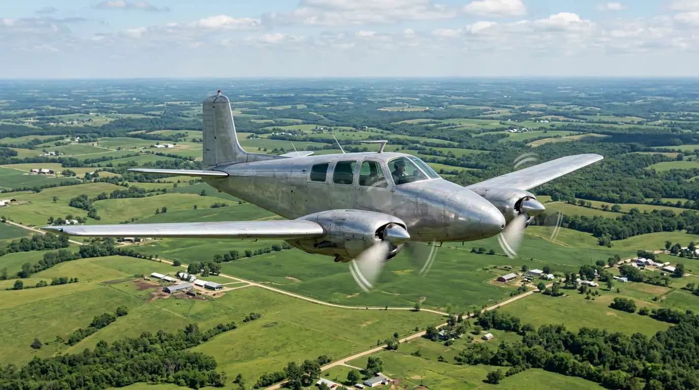 Beechcraft Twin Bonanza in flight over countryside showing classic twin-engine planform from above