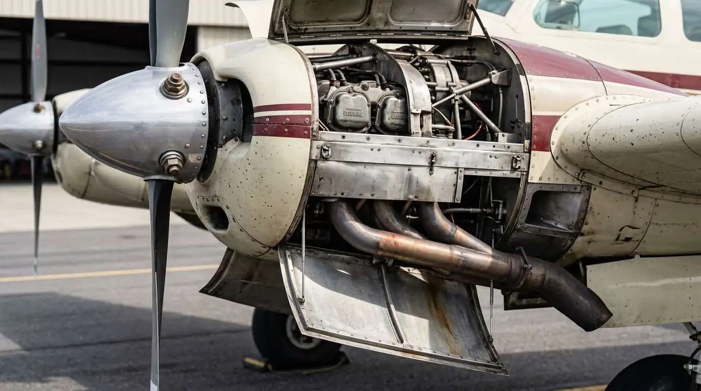Beechcraft Twin Bonanza Lycoming engine nacelle detail showing cowl flaps and exhaust