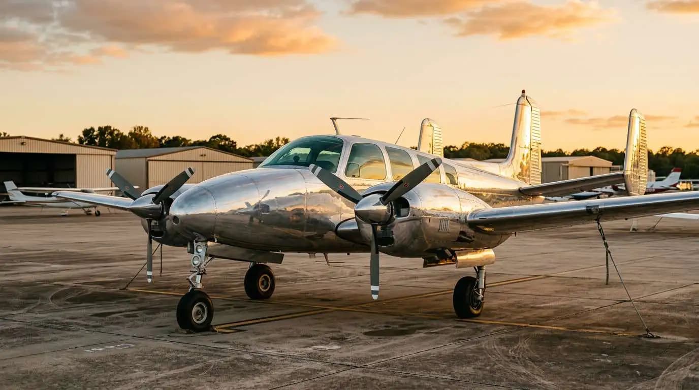 Beechcraft Twin Bonanza parked on ramp showing twin-engine profile and distinctive tail