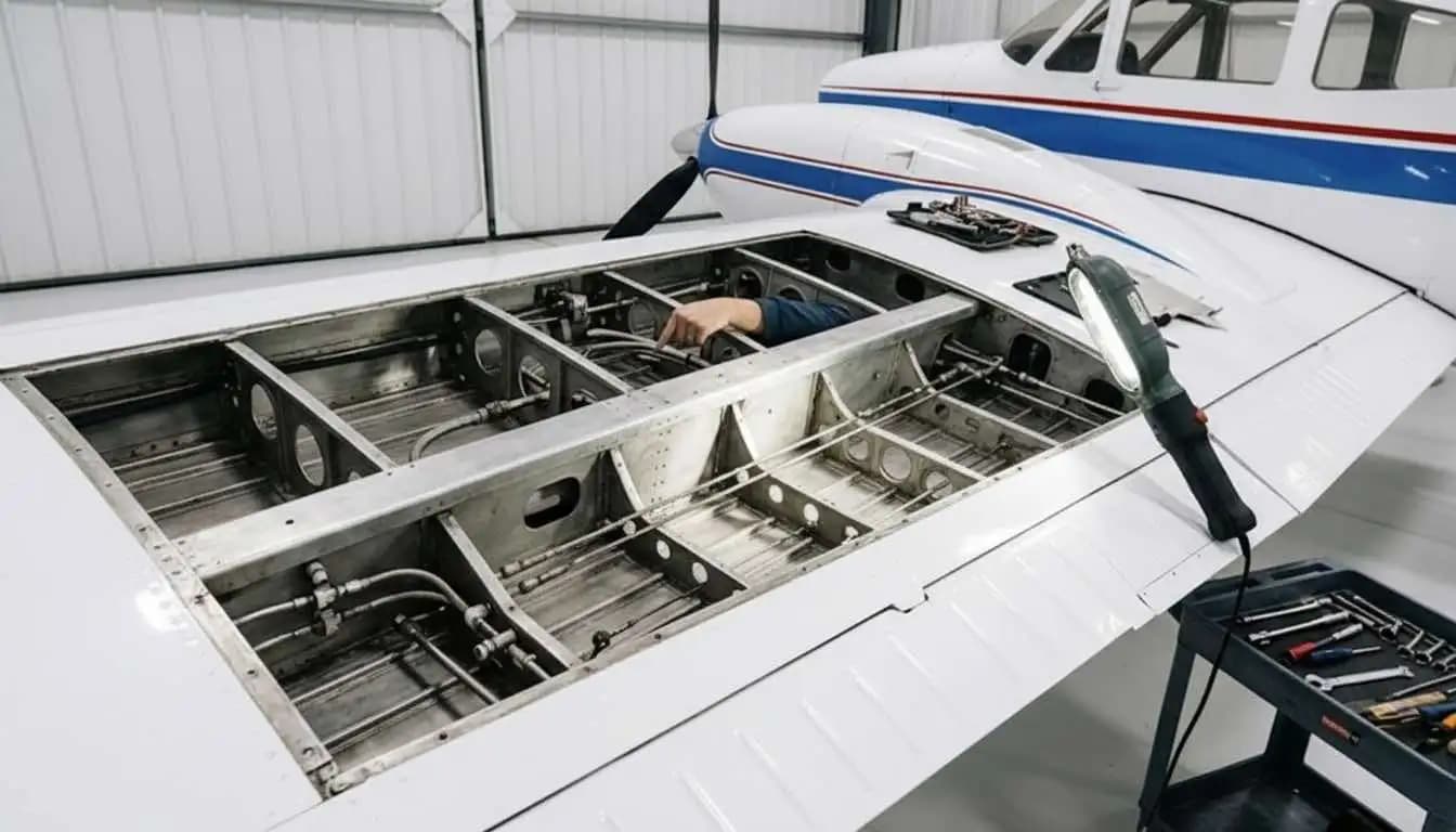 Beechcraft Twin Bonanza wing structure inspection panel open during annual maintenance check