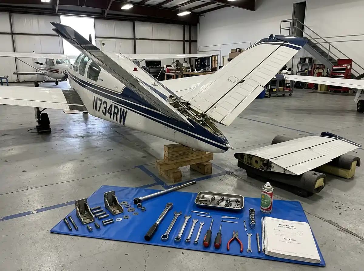 Beechcraft V-tail Bonanza undergoing maintenance inspection with ruddervator hinge hardware visible