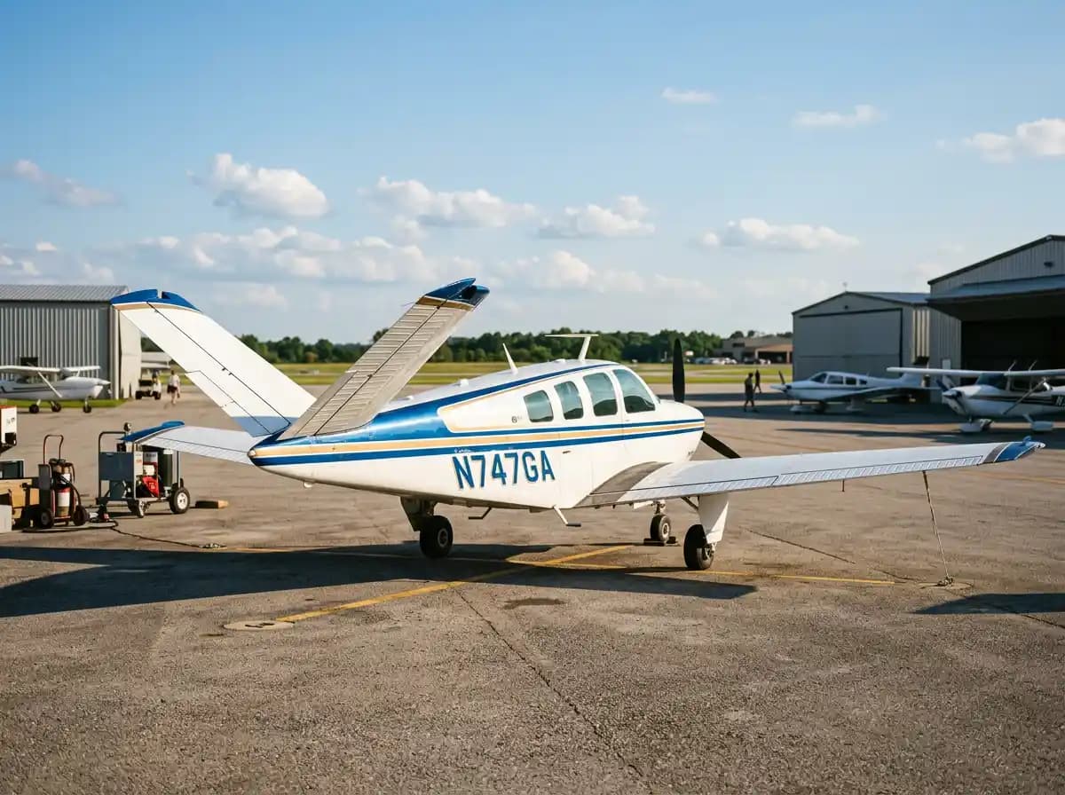 Beechcraft V-tail Bonanza parked on ramp showing distinctive V-tail butterfly tail configuration and low-wing profile