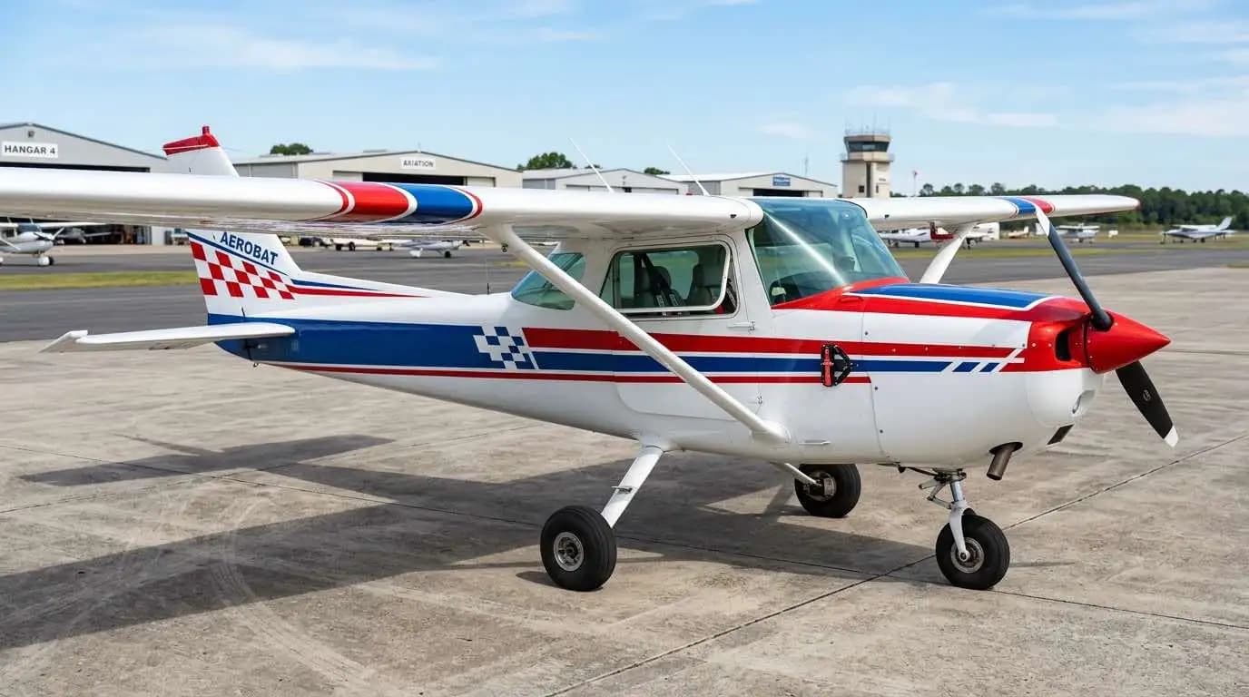 Cessna 150 Aerobat variant parked on ramp showing four-point harness and aerobatic certification markings