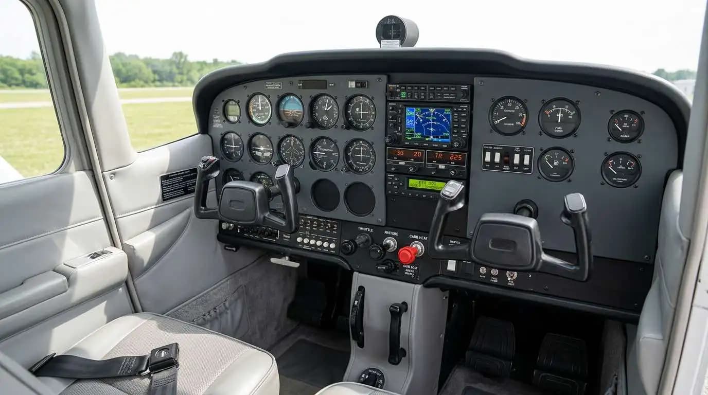 Cessna 150 cockpit panel showing modern avionics upgrade with Garmin GPS and ADS-B transponder installed