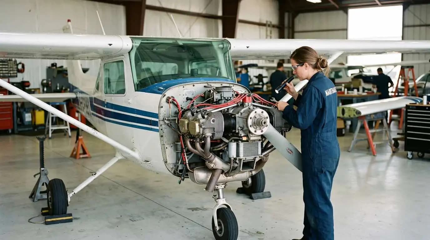 Cessna 150 Continental O-200-A engine with cowling removed showing four-cylinder carbureted configuration during maintenance