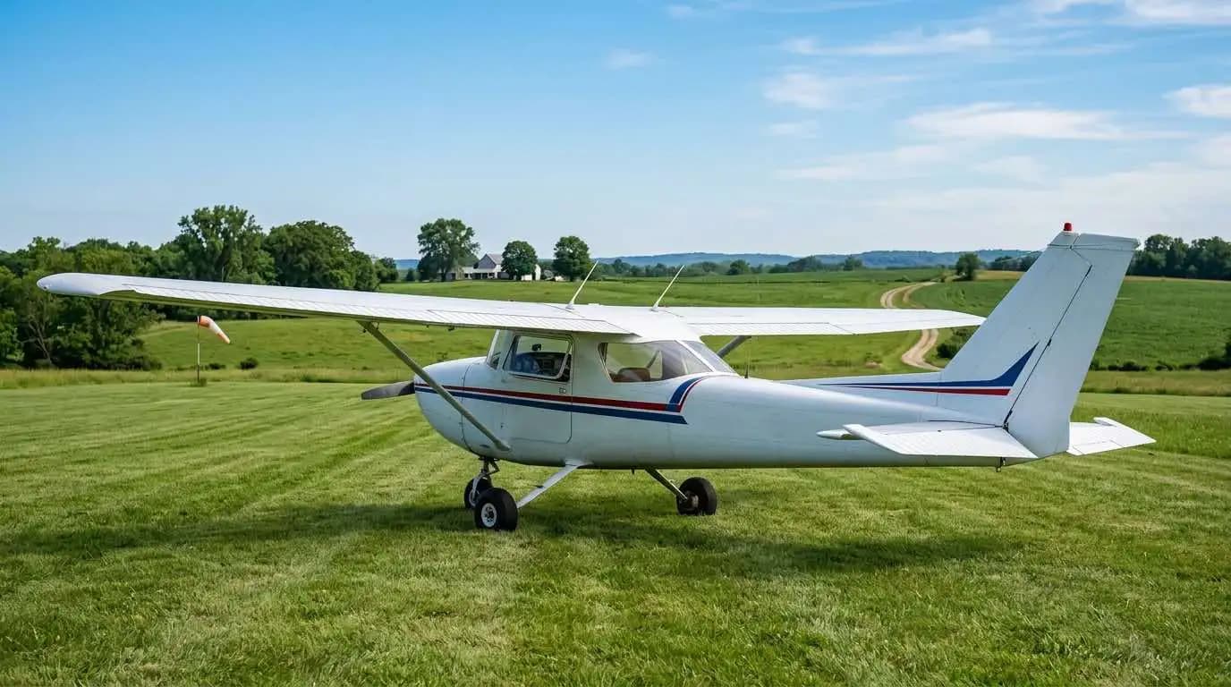 Cessna 150 parked on grass airstrip showing classic high-wing profile and fixed tricycle landing gear
