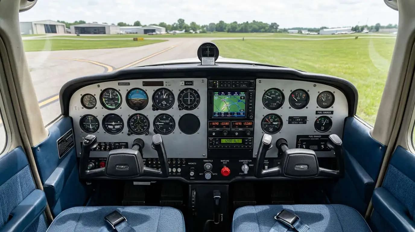Cessna 152 cockpit showing dual control yokes and standard six-pack instrument panel layout