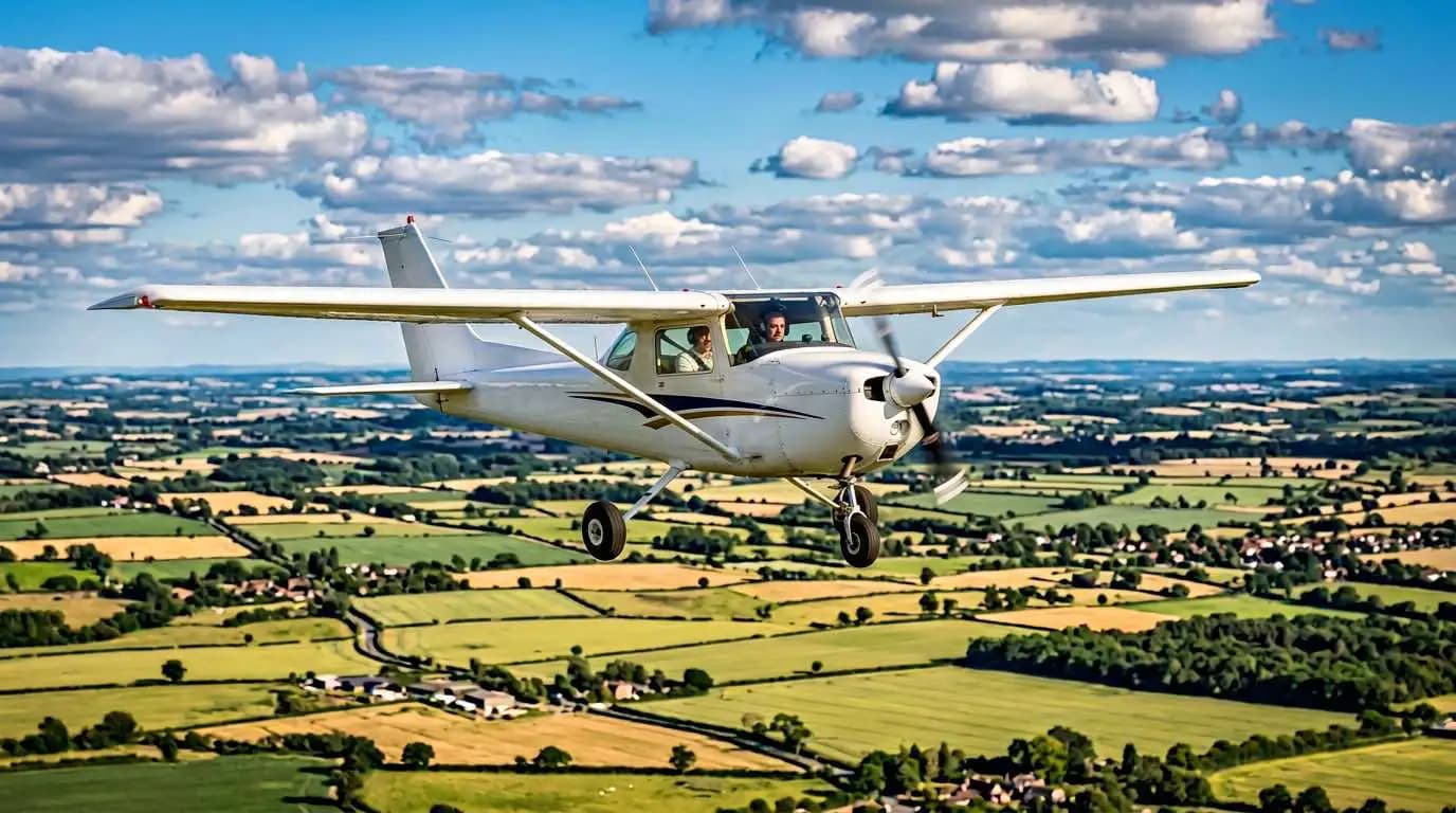 Cessna 152 in flight over green countryside showing high-wing profile and fixed gear configuration