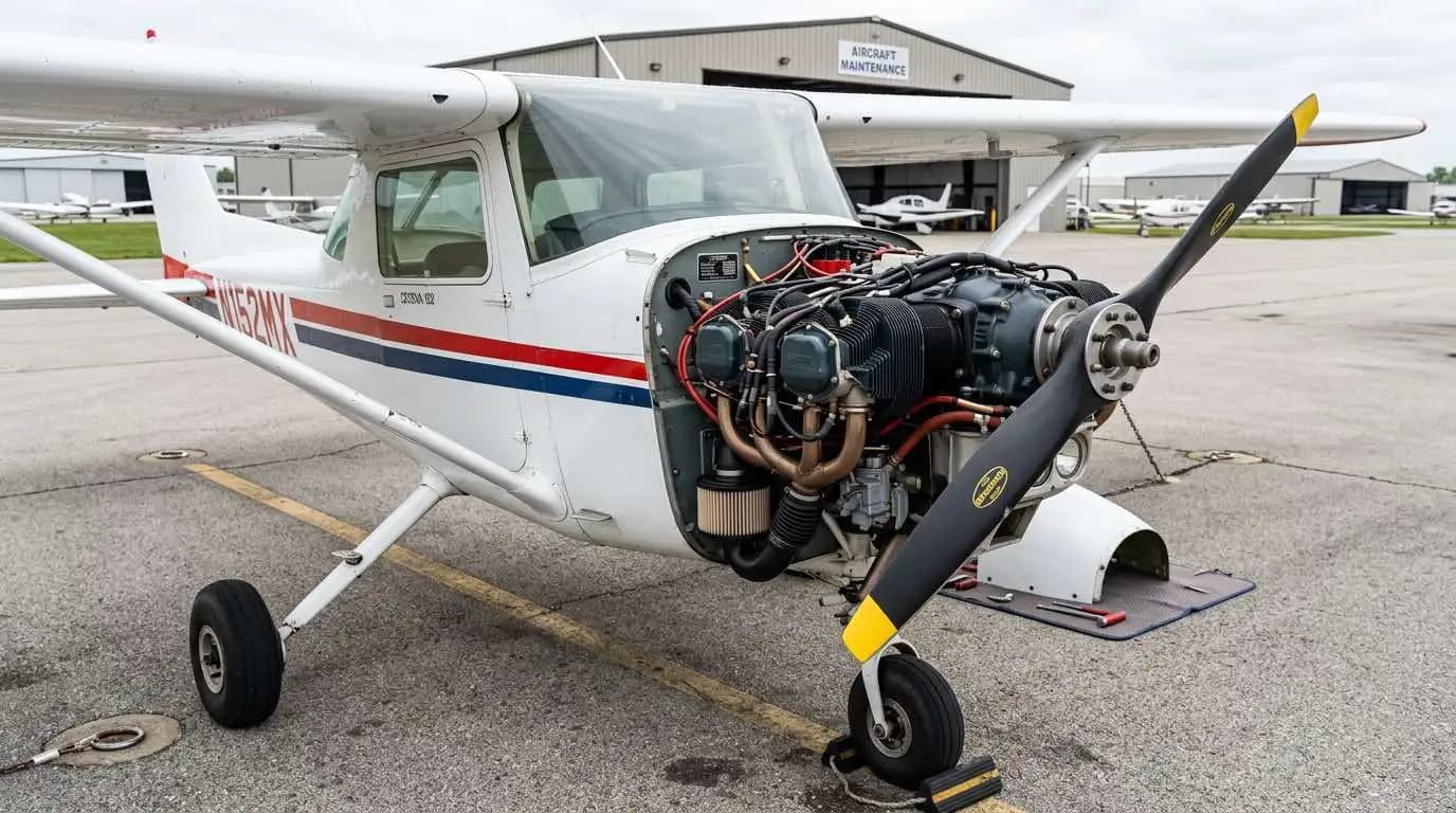 Cessna 152 with cowling removed showing Lycoming O-235 engine during annual inspection