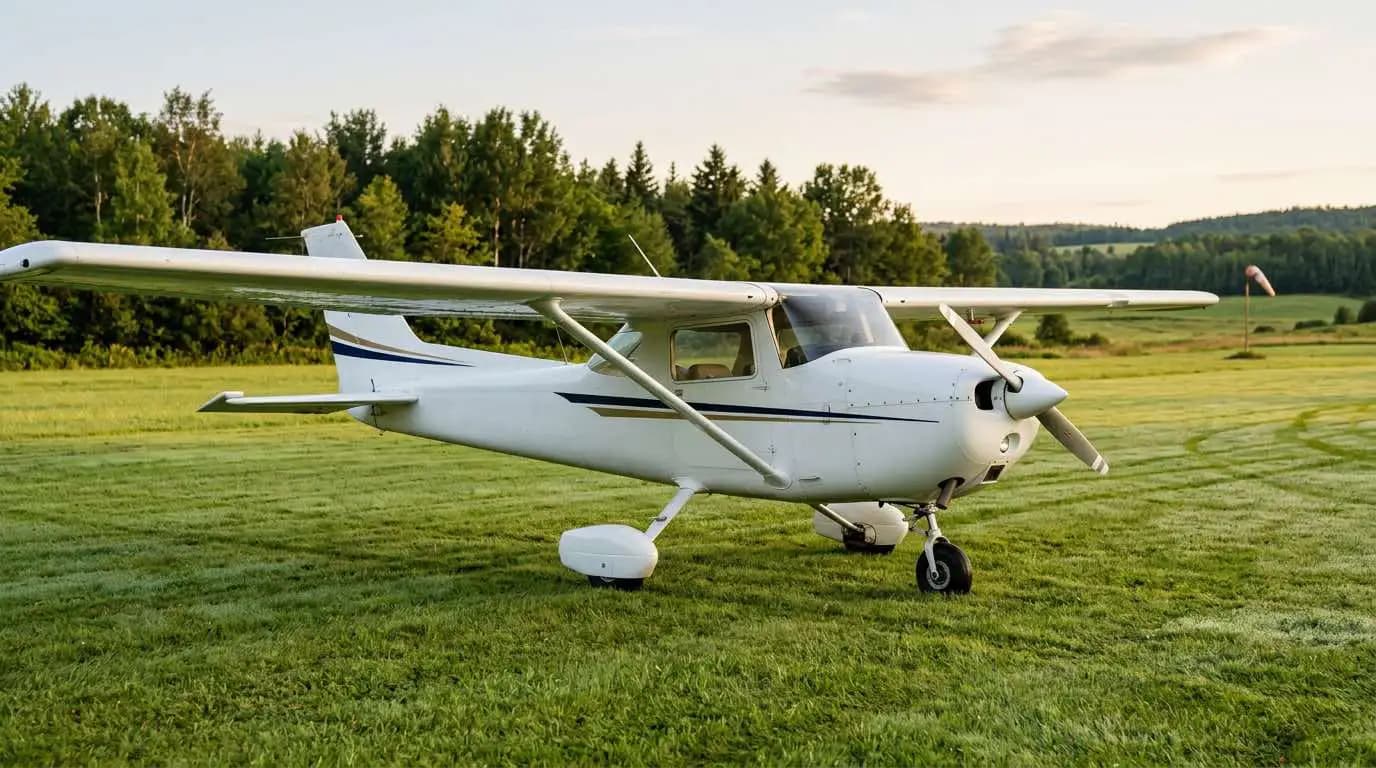 Cessna 152 on a grass airstrip showing fixed tricycle landing gear and high-wing strut configuration
