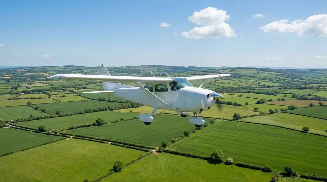 Cessna 182 Skylane in cruise flight over green countryside showing stable high-wing design