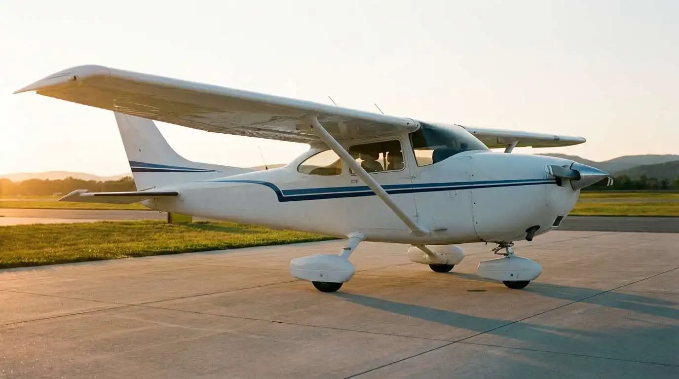 Cessna 182 Skylane parked on ramp at sunset showing high-wing profile and fixed gear