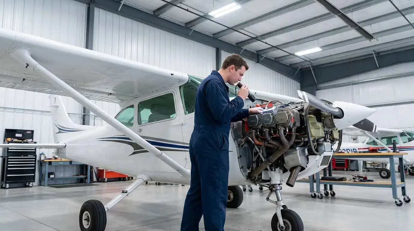 Aviation mechanic inspecting Cessna 182 engine cowling during annual maintenance check