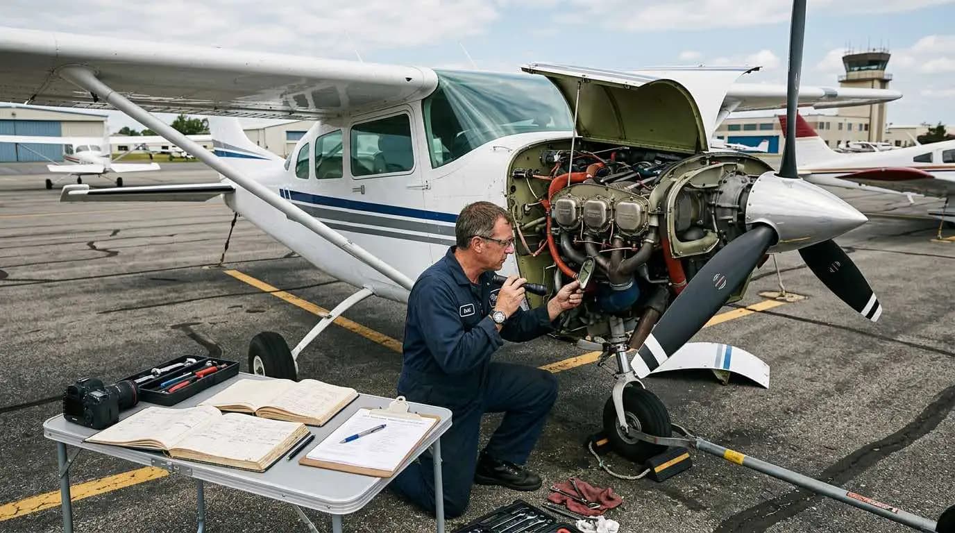Cessna 206 Stationair undergoing pre-purchase inspection on ramp with technician reviewing Continental engine and airframe