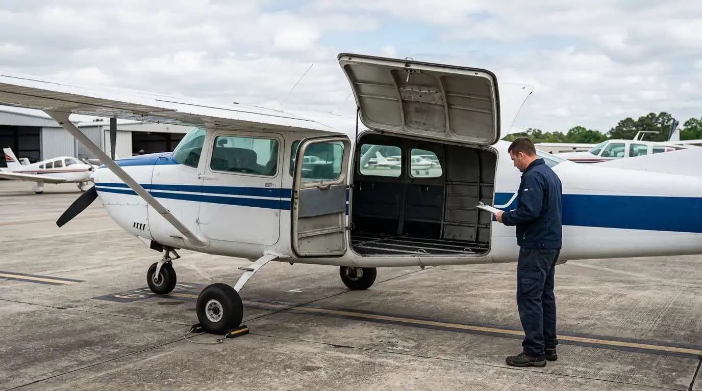 Cessna 206 Stationair with rear cargo door open showing utility loading capability and large access opening