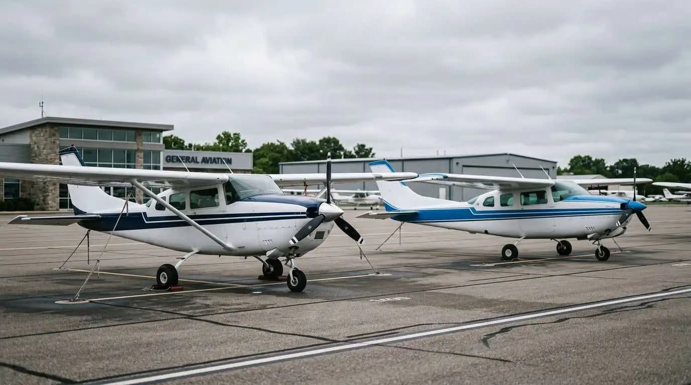 Cessna 206 and Cessna 210 parked side by side on general aviation ramp showing fixed versus retractable gear configuration