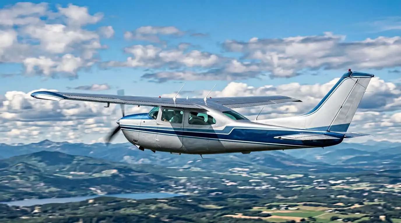 Cessna 210 Centurion in cruise flight showing retractable gear retracted and clean cantilever wing profile