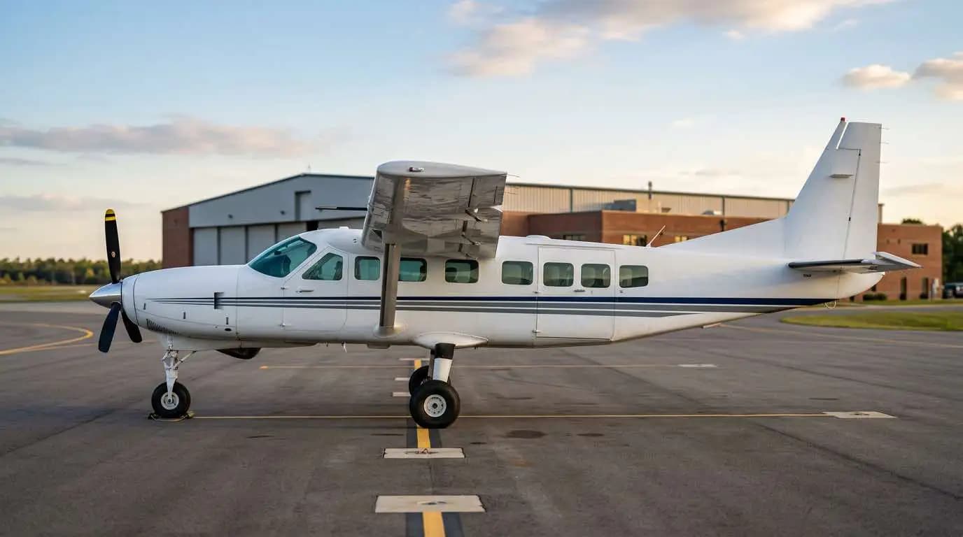 Cessna 208 Caravan parked on ramp showing high-wing single-engine turboprop utility profile