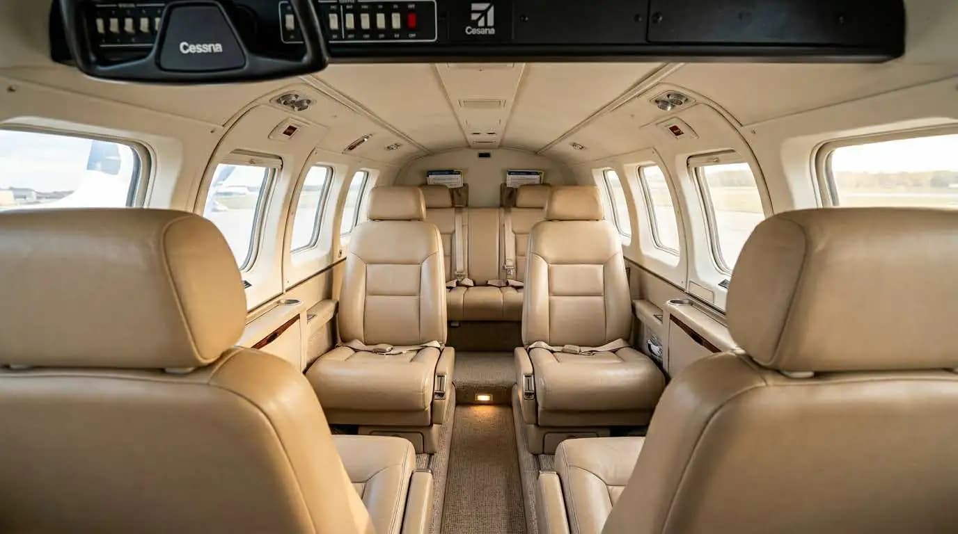 Cessna 310 cabin interior showing six-seat layout with forward crew seats and rear passenger bench