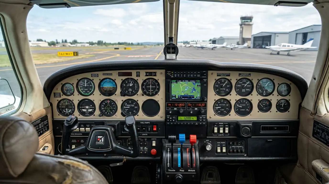 Cessna 310 cockpit instrument panel showing dual engine gauges and upgraded avionics stack