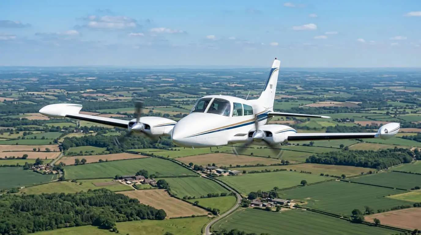 Cessna 310 in flight over green rural landscape showing distinctive tip tanks and low-wing twin configuration
