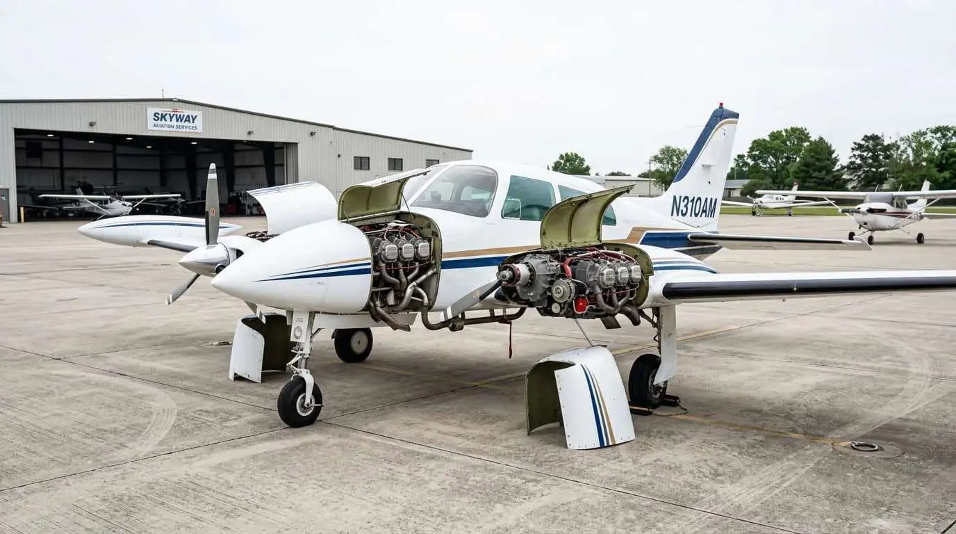 Cessna 310 with engine cowlings open during annual inspection showing Continental IO-520 engine components