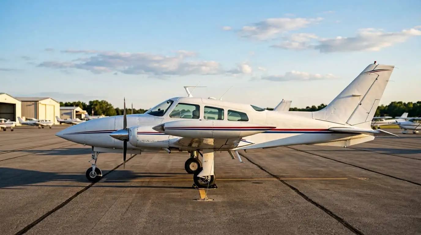 Cessna 310 parked on ramp showing twin-engine profile with iconic tip tanks and retractable gear