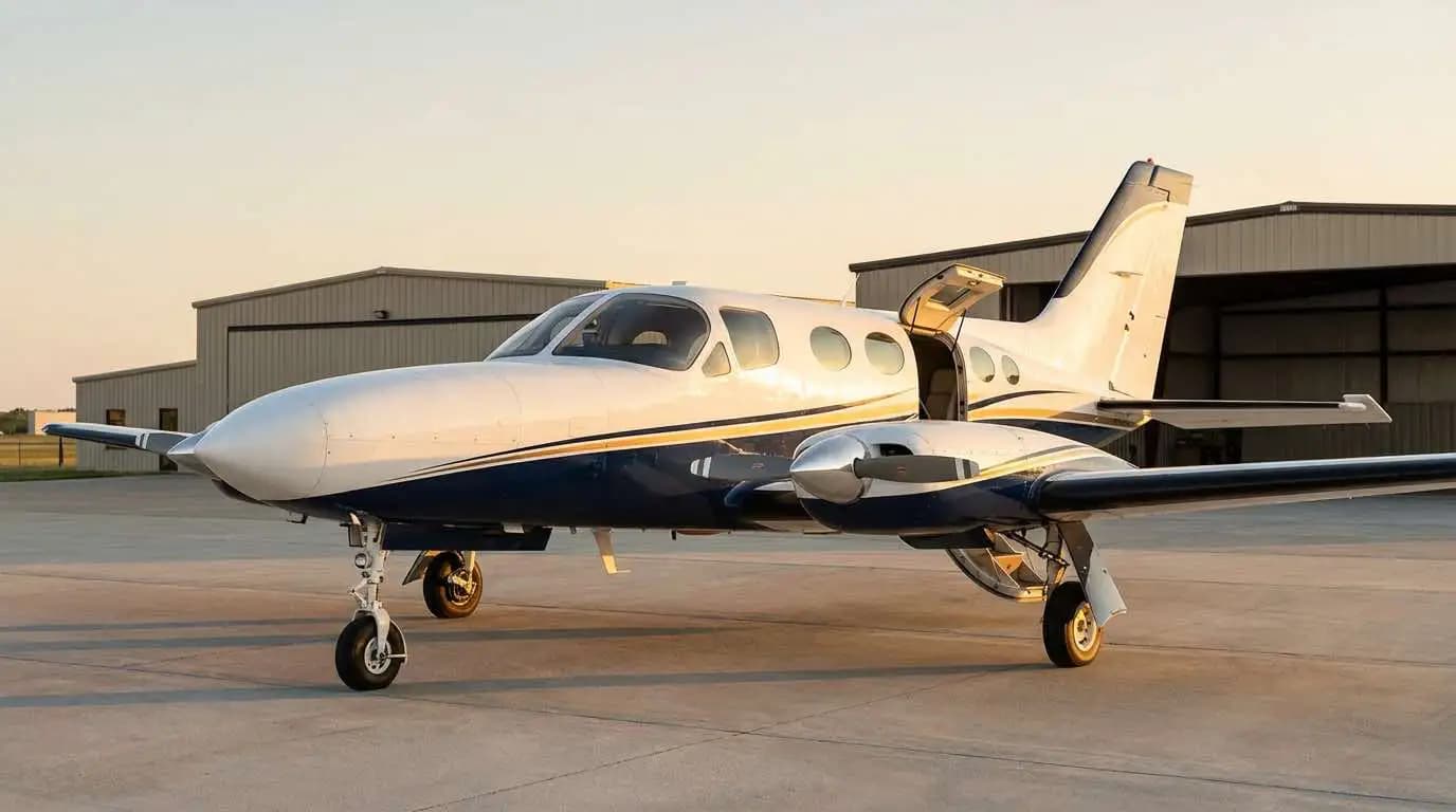 Cessna 414 parked on ramp showing twin-engine profile and pressurized cabin