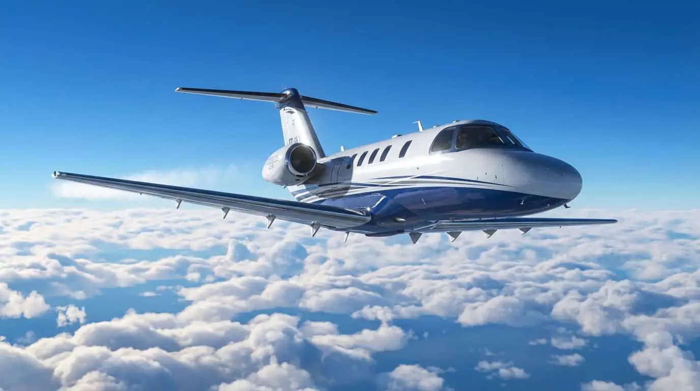 Cessna Citation CJ4 in cruise flight at altitude showing clean supercritical wing and twin-engine configuration