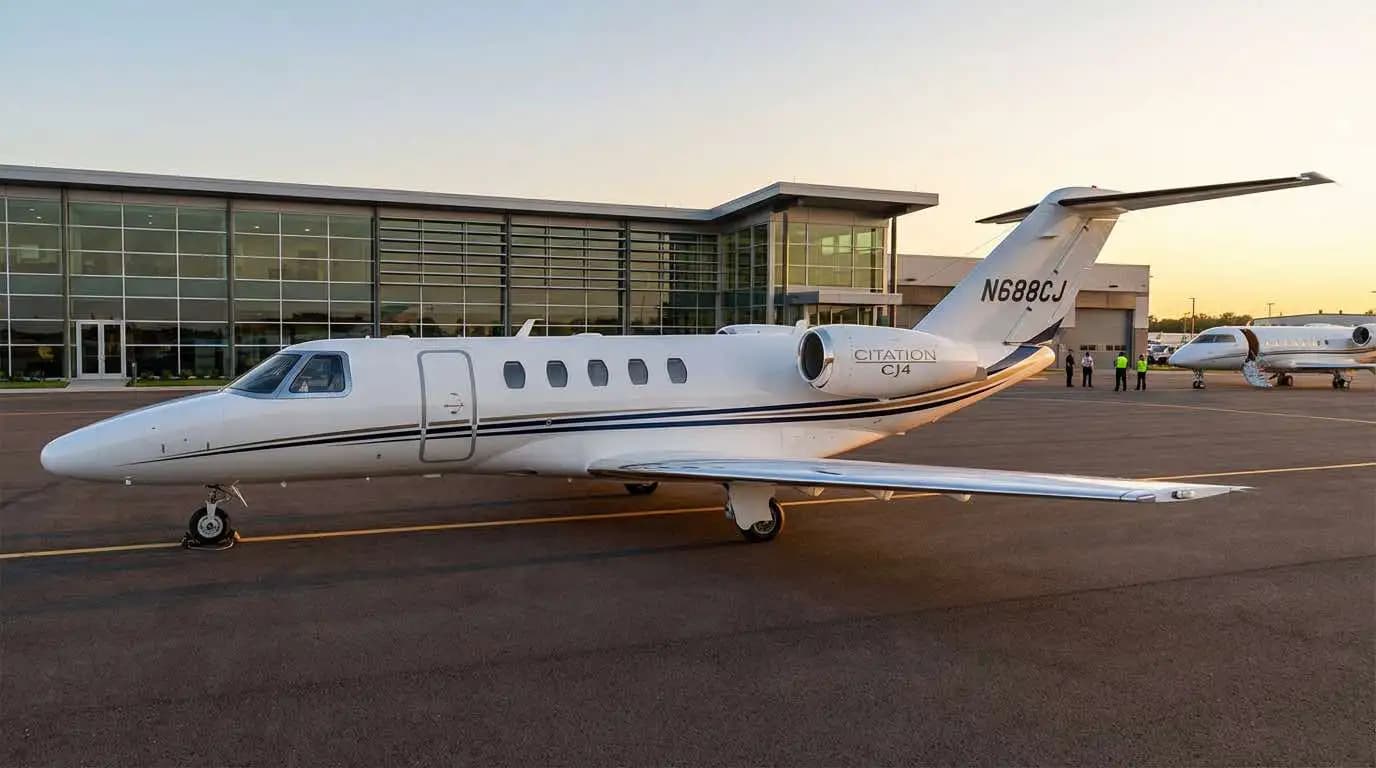 Cessna Citation CJ4 parked on ramp showing twin-engine light jet profile and supercritical wing design