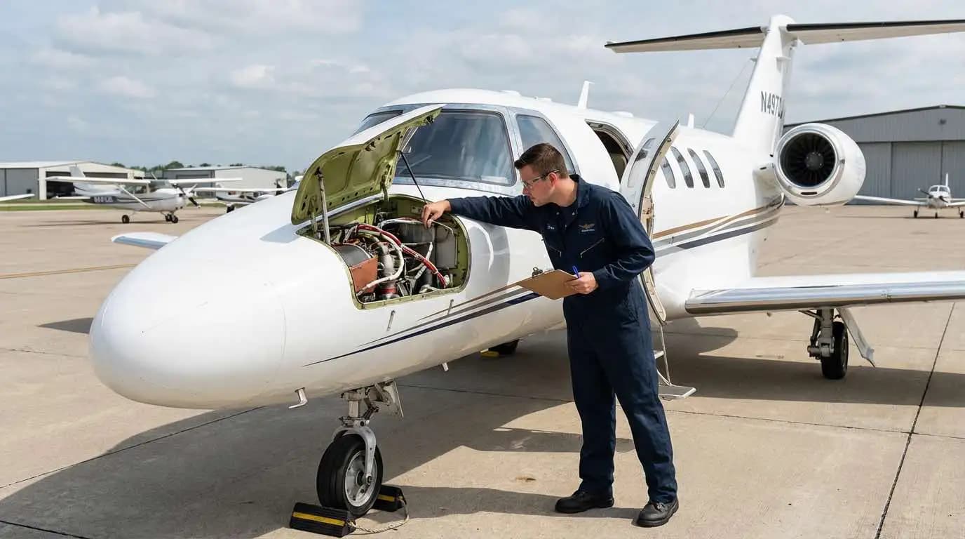 Cessna Citation CJ4 undergoing pre-purchase inspection on ramp with technician reviewing engine and fuselage