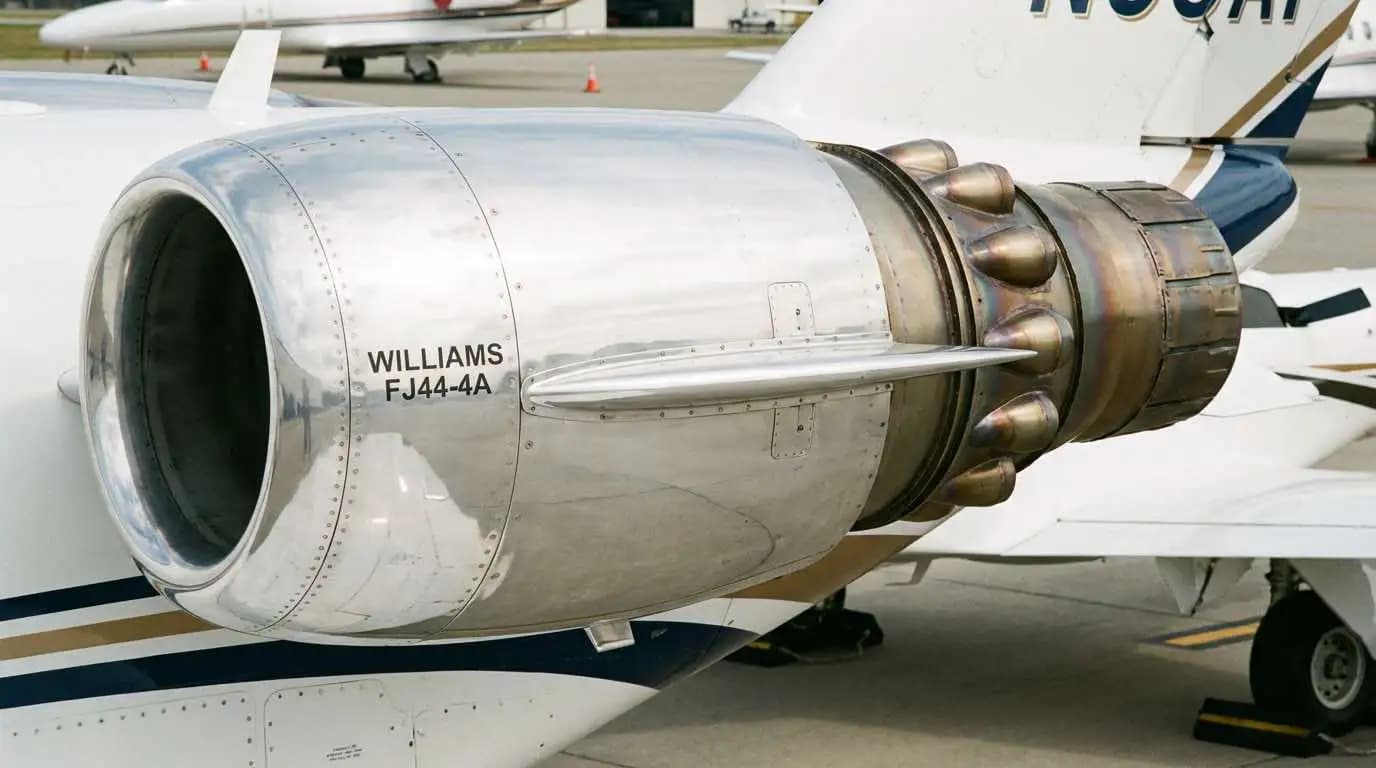Cessna Citation CJ4 Williams FJ44-4A engine nacelle detail showing turbofan inlet and exhaust nozzle