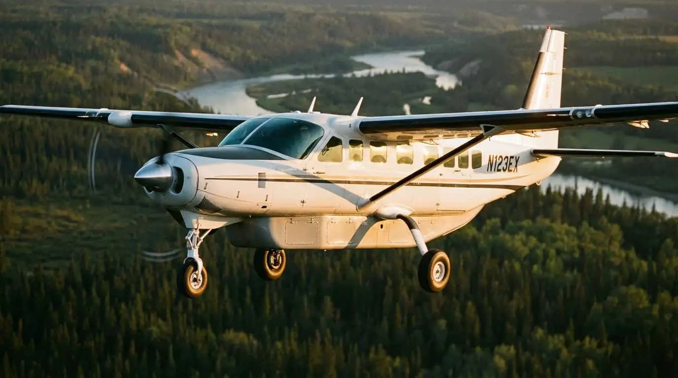 Cessna Grand Caravan EX in flight over remote terrain showing high-wing configuration and PT6A engine cowling