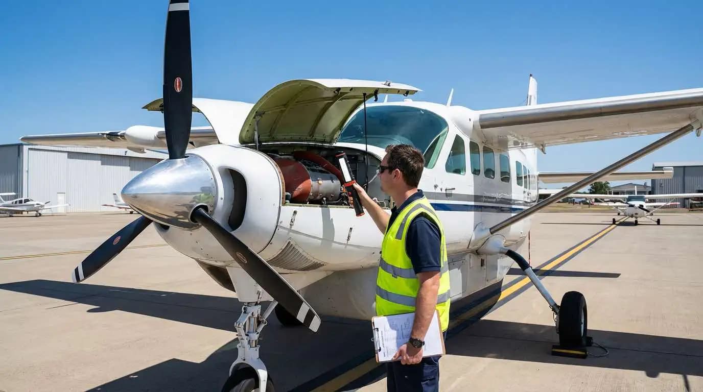 Cessna Grand Caravan EX under pre-purchase inspection on ramp with technician examining engine compartment and airframe