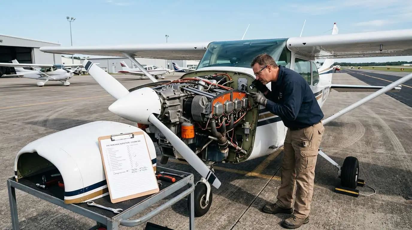 Cessna 182 Skylane undergoing pre-purchase inspection with cowling open showing Lycoming engine and airframe condition