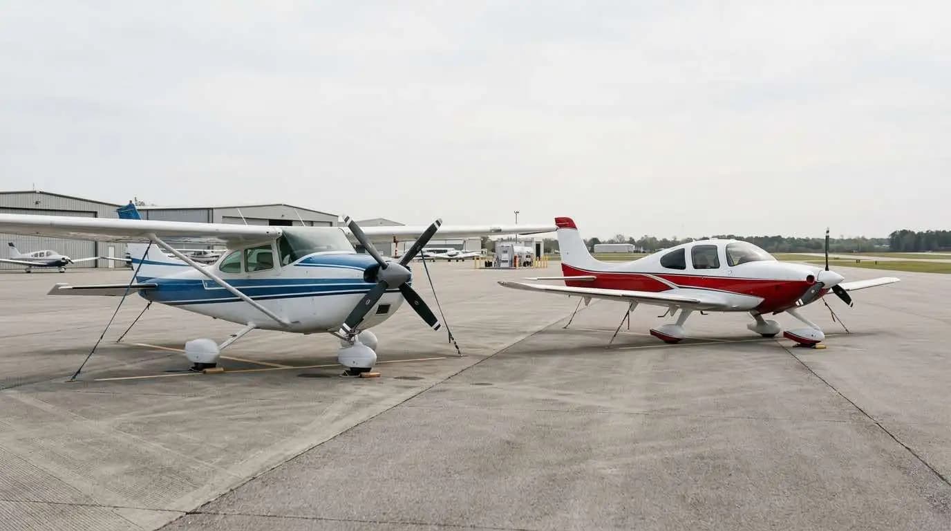 Cessna 182 and Cirrus SR22 parked side by side on general aviation ramp for direct cessna vs cirrus comparison