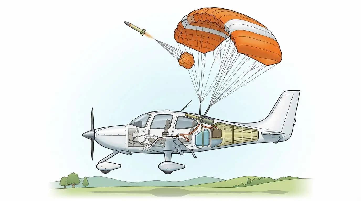 Cirrus SR22 CAPS whole-airframe parachute system deployment sequence showing rocket extraction and airframe descent