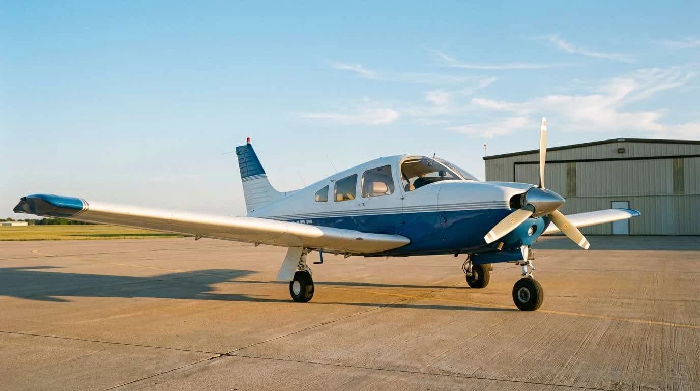 Budget private aircraft parked on ramp at a regional airport ready for buyer inspection