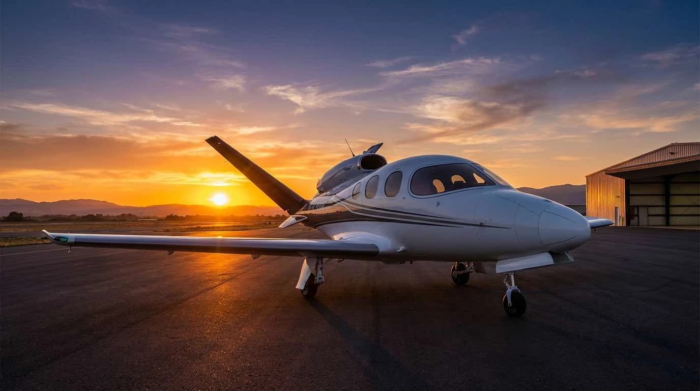 Entry-level private jet parked on tarmac at sunset showing sleek fuselage and modern design