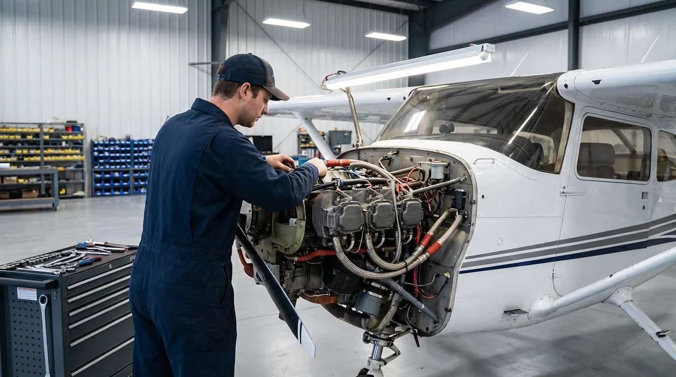 Aviation mechanic performing detailed engine inspection on a light private aircraft