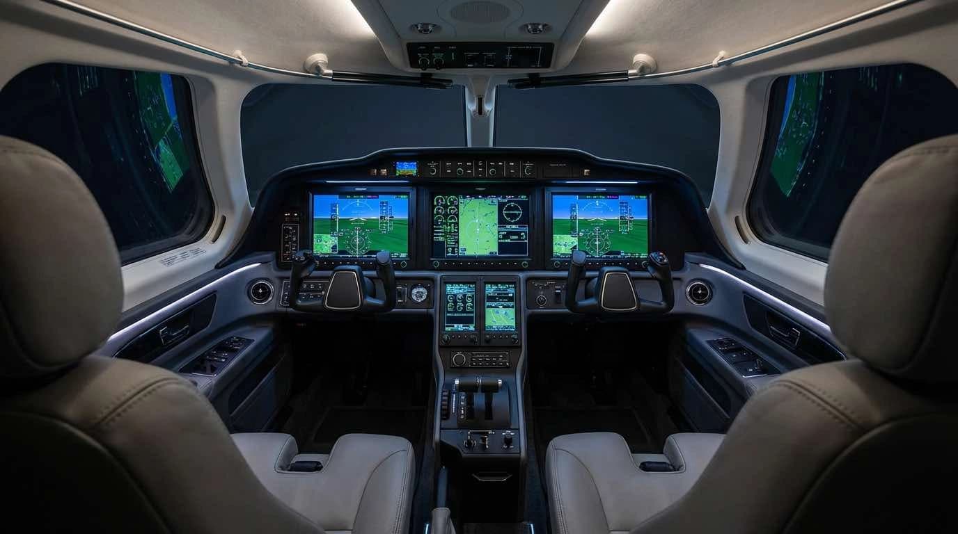 Private jet cockpit with modern glass avionics panel showing navigation and engine displays