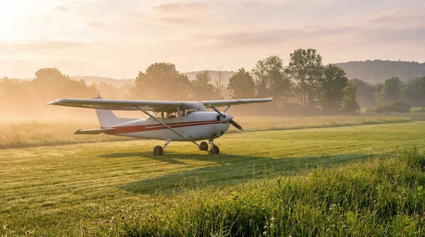 Single engine piston aircraft ready for departure on a grass airstrip in morning light