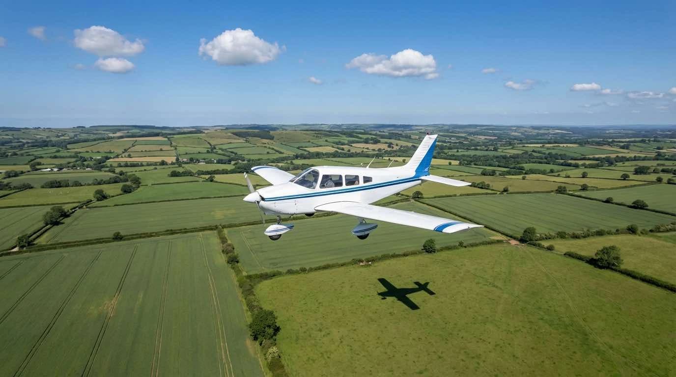 Small private plane flying over rural landscape under clear sky showing affordable aviation