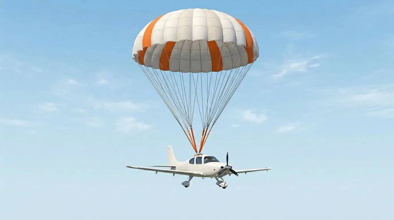 Cirrus SR22 CAPS whole-aircraft parachute system showing ballistic rocket canister and deployed parachute canopy